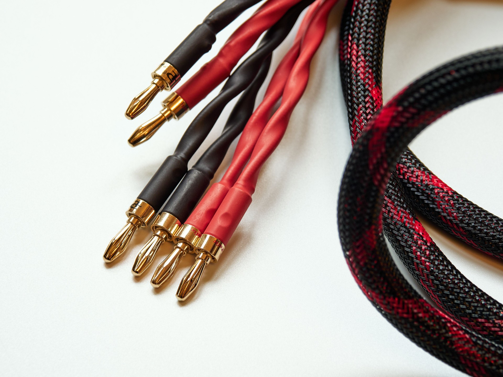 Close-up of premium audio speaker cables with gold-plated connectors.